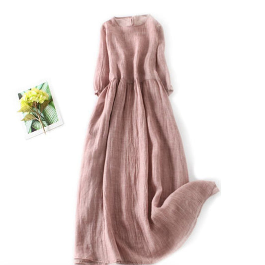 Comstylish Vintage Solid Cotton Linen Pleat Maxi Dress