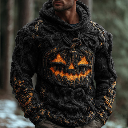 Halloween Pumpkin Emoji Men's Chunky Knit Hooded Sweater elevenforest
