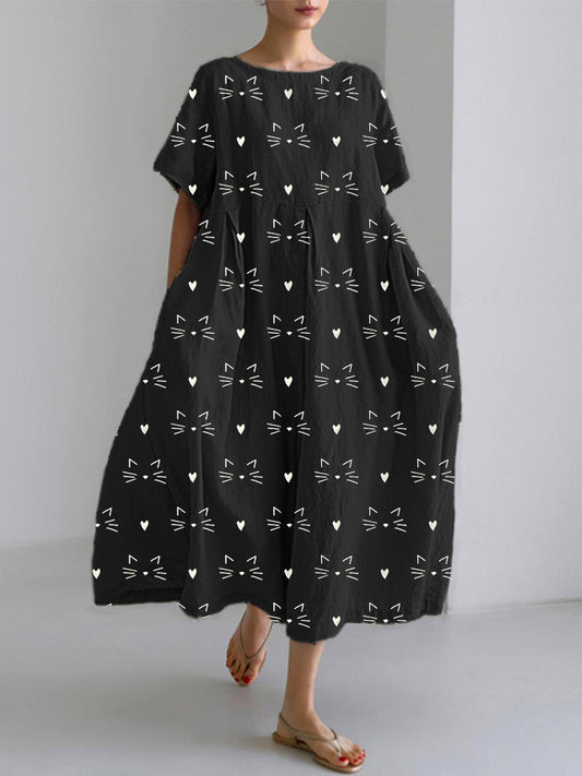 Cute Cat Face Printed Linen Blend Dress elevenforest