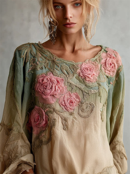 Vintage Pink Roses Glitter Embroidered Forest Gradient Linen Tunic artswardrobe