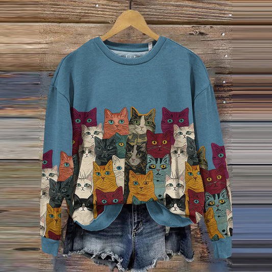 Women's Vintage Abstract Colored Cat Art Sweatshirt elevenforest