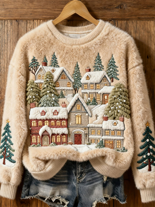 Comstylish Christmas Tree Snow Scene Embroidery Women's Cozy Plush Sweater