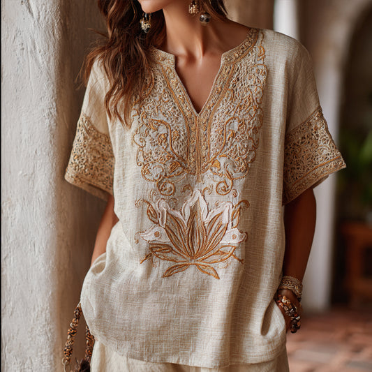 Bohemian-style Embroidered Lotus Flower Loose Retro Short-sleeved V-neck Top artswardrobe