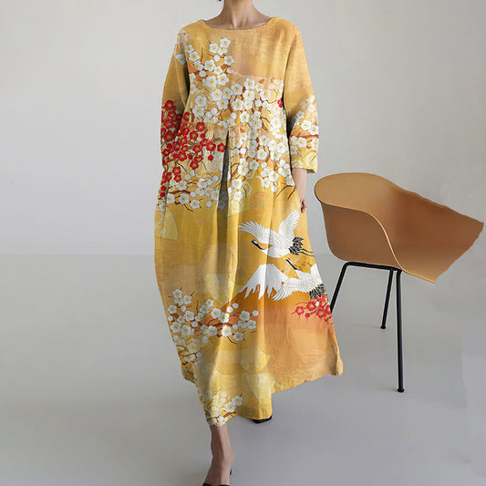 Comstylish Japanese Cherry Blossom And Crane Art Print Cotton And Linen Dress