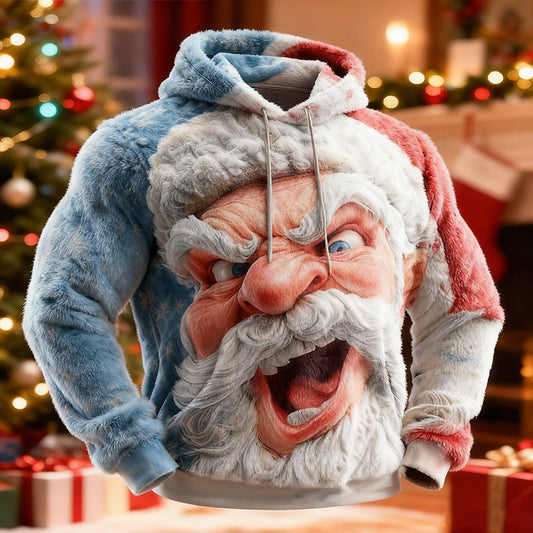 Comstylish Men's Funny Christmas Santa Claus Pattern Long Sleeve Flannel Hoodie