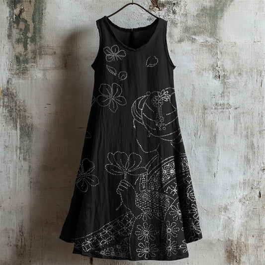 Comstylish Japanese Women & Falling Cherry Blossom Sashiko Linen Dress