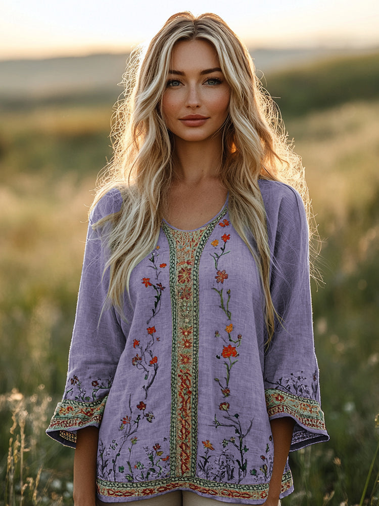 Comstylish Retro Bohemian Floral Embroidery Art Graphics Linen Blend Loose Blouse