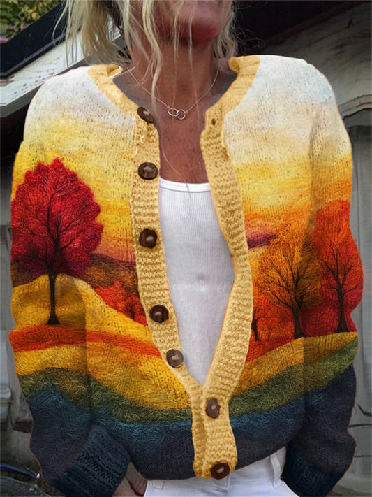 Fall Gradient Landscape Felt Art Cozy Knit Cardigan artswardrobe