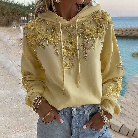 Women's Bohemian Yellow Floral And Gold Roses Embroidery Art Long Sleeve Hoodie