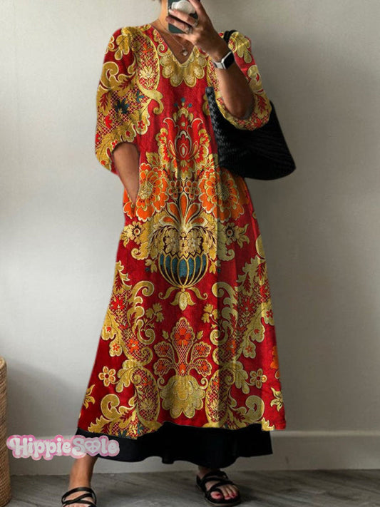 Women's Vintage Lovely Floral Art Print Pocket V-neck Cotton Dress