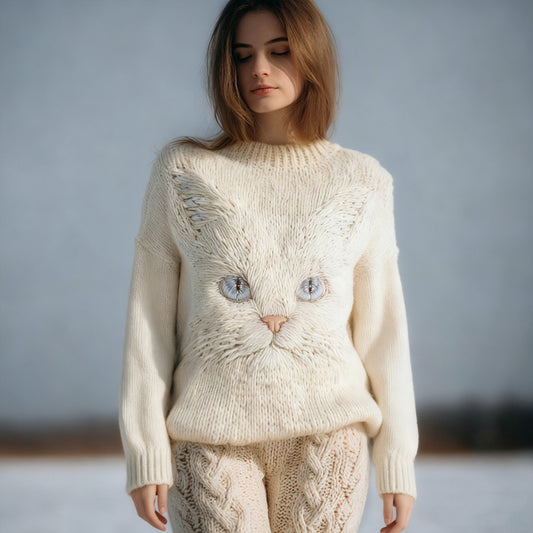 Comstylish Cute Cat Face Embroidered Round Neck Cozy Knit Sweater