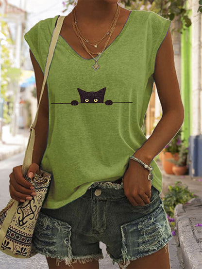 Women's Casual Black Cat Print Vest elevenforest