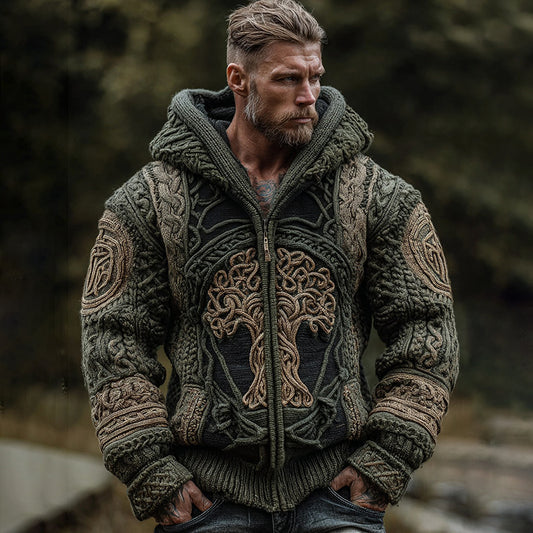 Men's Vintage Viking Life Of Tree Jacquard Knit Zipper Aran Sweater Hooded Cardigan artswardrobe