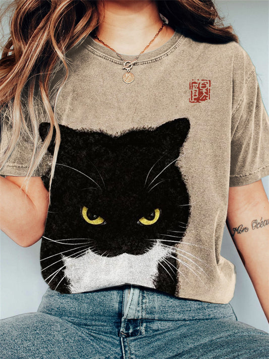 Fuzzy Bicolor Cat Japanese Art Washed T Shirt elevenforest