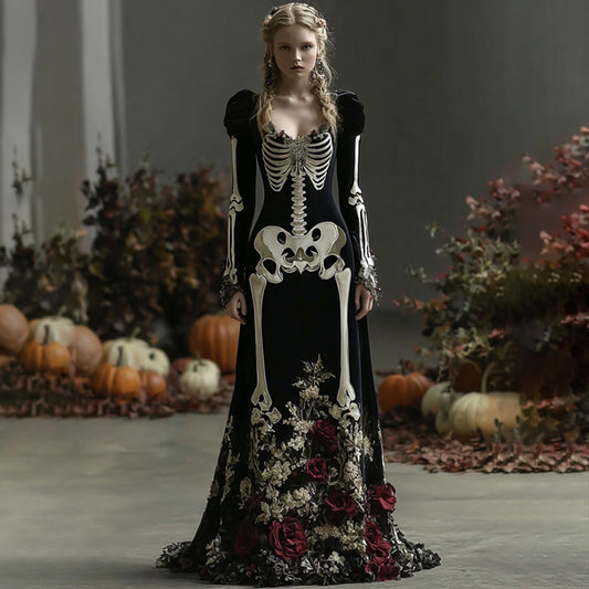 Comstylish Women's Halloween Skeleton Bones Rose Velvet Maxi Dress