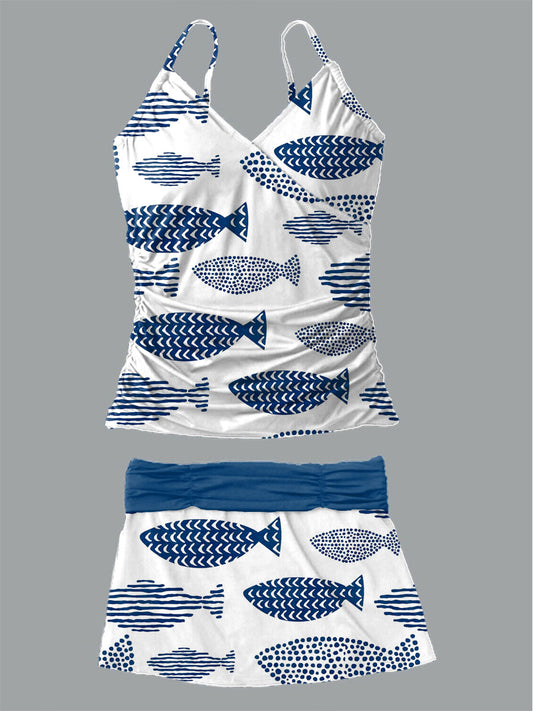 Women's Summer Fish Print Casual Suspender Shirred Swimsuit Set