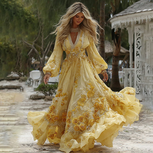 Women's Vintage Yellow Roses And Floral Art Print V-neck Long Sleeve Maxi Dress