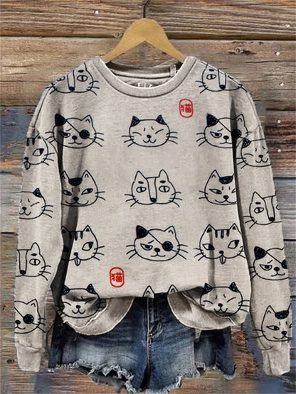 Comstylish Lovely Cats Faces Japanese Pattern Sweatshirt