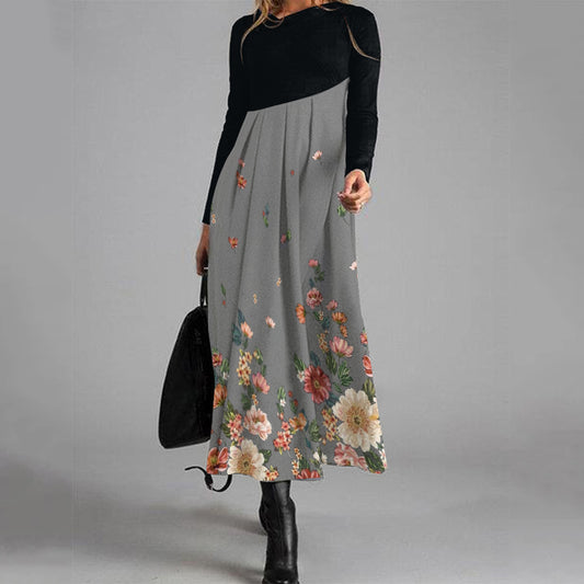 Elegant Floral Pleated Print Mid-Length Wool Dress elevenforest