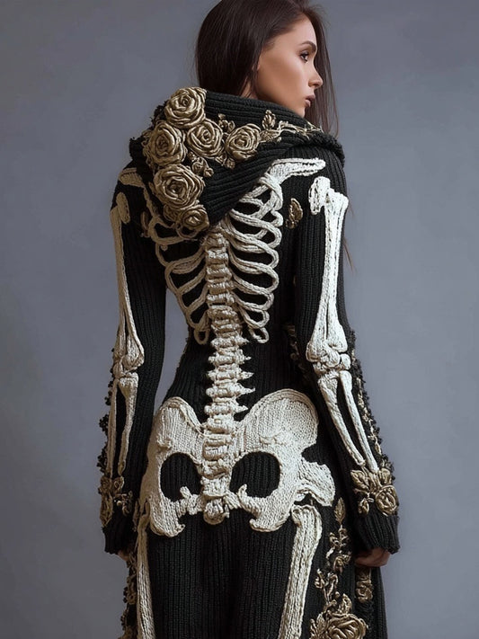 Comstylish Vintage Skeleton Roses Embroidered Knit Hooded Cardigan