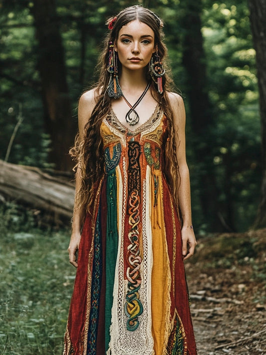 Boho Vintage Viking Totem Women's Linen Halter Dress artswardrobe