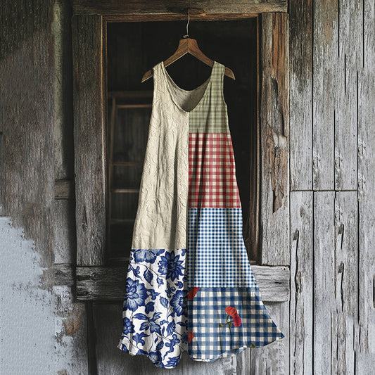 Comstylish Vintage Patchwork Color Block Art Linen Tank Dress
