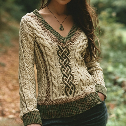 Vintage V-neck Knitted Two-tone Jacquard Irish Aran Sweater artswardrobe