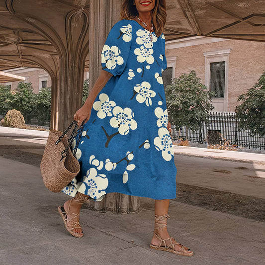 Comstylish Causal Blue Floral Japanese Art And Spring Midi Dress