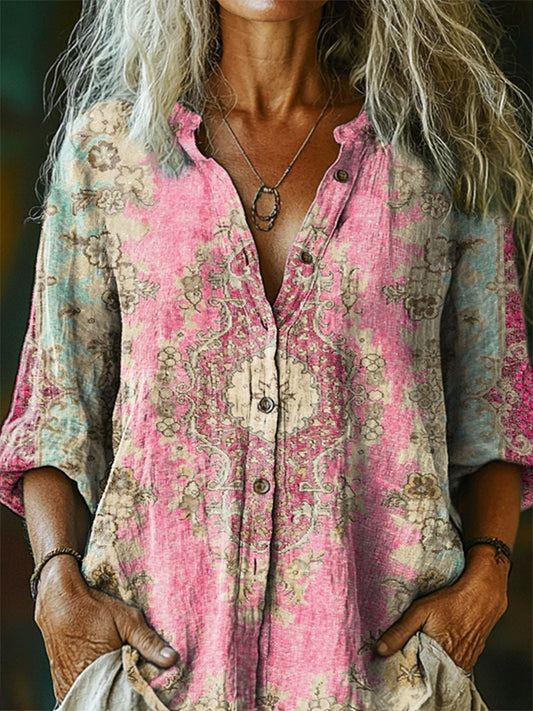 Women's Ethnic Style Tattoo Pattern Art Print Casual Cotton Linen Shir