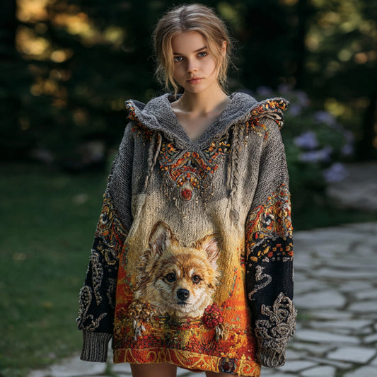 Women's Vintage Dog Embroidered Hooded Sweater elevenforest