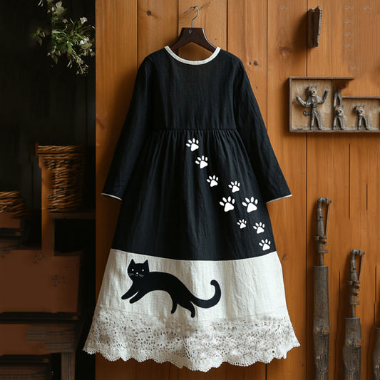 Comstylish Vintage Abstract Creative Cute Black Cat Art Maxi Dress
