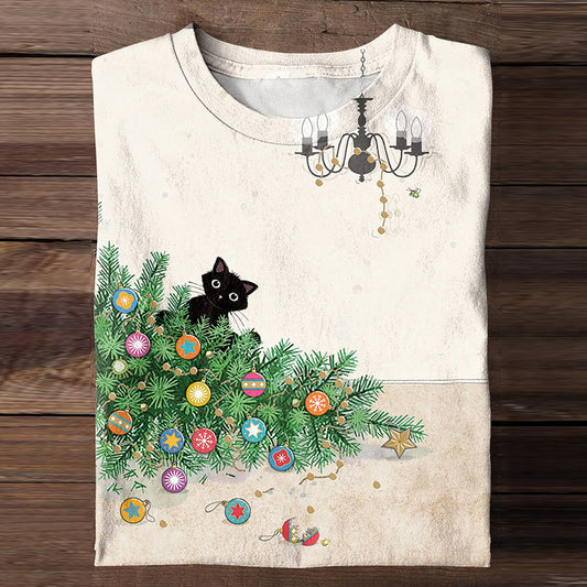 Christmas Funny Cat Print Long Sleeve T-Shirt elevenforest
