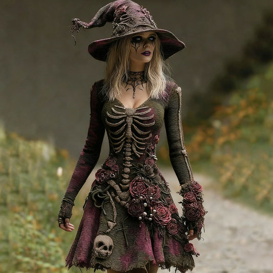 Comstylish Women's Skull Floral Embroidery Ombre Witch Midi Dress