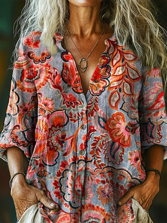 Women's Vintage Ethnic Floral Collage Art Pattern Print Casual Cotton