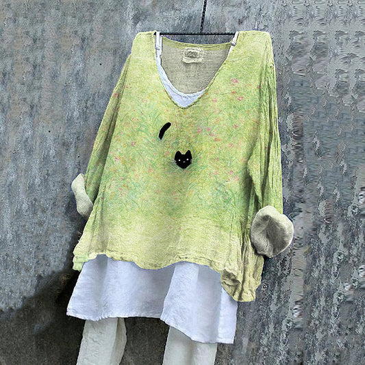 Women's Black Cat Print Shirt elevenforest