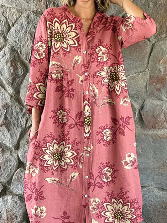Women‘s Ethnic Floral Pattern Cotton Shirt Dress