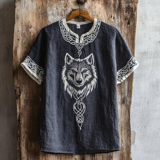 Men's Viking Wolf Celtic Embroidery Art Linen Shirt artswardrobe