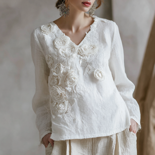 Bohemian Style Woman's V-neck White Rose Top artswardrobe