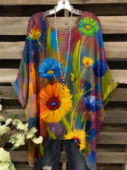 Women's Vintage Floral Color Oil Painting Art Print Round Neck Top