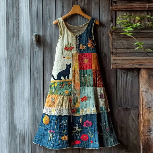 Women's Retro Black Cat And Patch Work Art Sleeveless Dress elevenforest