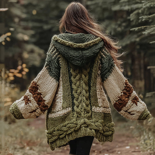 Celtic Knot Jacquard Contrast Color Thick Hooded Knit Cardigan artswardrobe