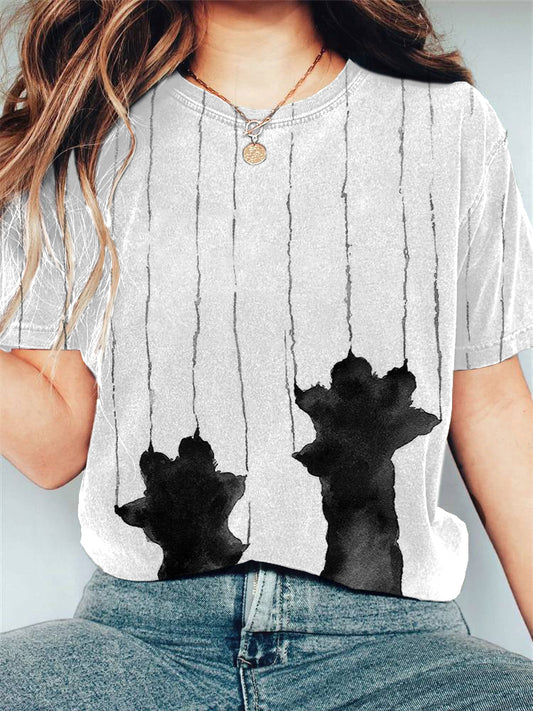 Japanese Art Cat Scratch Print Cotton Blend T-Shirt elevenforest