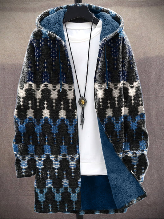 Men's Vintage Geometric Pattern Cozy Hooded Cardigan artswardrobe