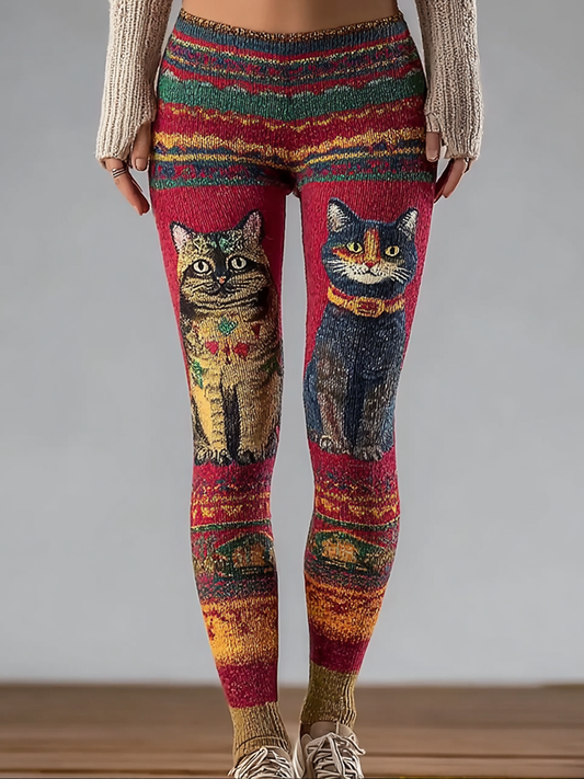 Comstylish Retro Cat Pattern Women's Knitted Tight-fitting Leggings