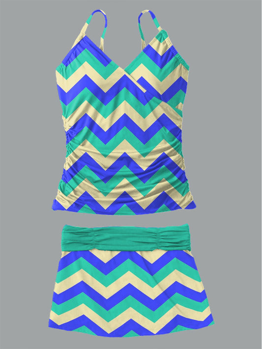 Women's Summer Wave Stripe Printed Casual Suspender Shirred Swimsuit Set