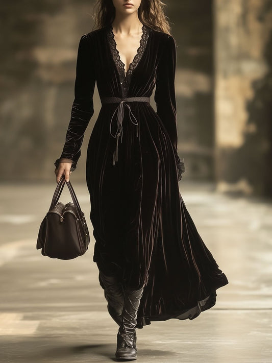 V-Neck Lace Panel Solid Velvet Long-Sleeved Maxi Dress
