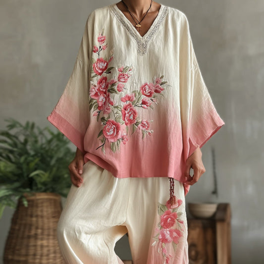 Comstylish Vintage Pink Floral Gradient Pattern Linen V Neck T-shirt