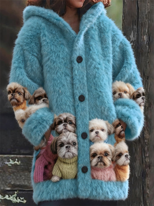 Comstylish Lovely Fuzzy Dogs Cozy Knit Hooded Cardigan