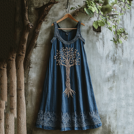 Women's Vintage Viking Tree Of Life Art Linen Dress artswardrobe