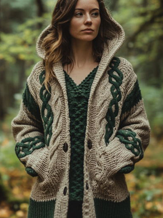 Women's Celtic Knot Vintage Cozy Knit Hooded Cardigan artswardrobe